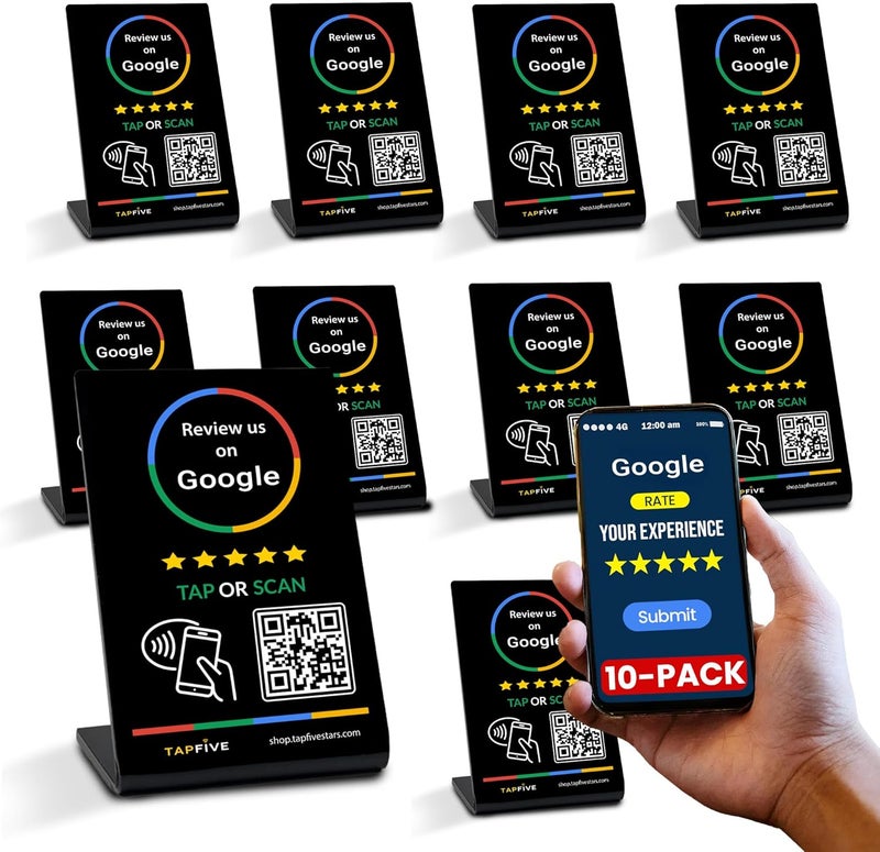 TapFive Google Review Stand compatible with Google Reviews - Tap for Instant Reviews - All Phones Compatible - Reusable Smart Tap NFC & QR - Boost Business Reviews - Zappy Fast (Black, 10-Pack) - Image 1